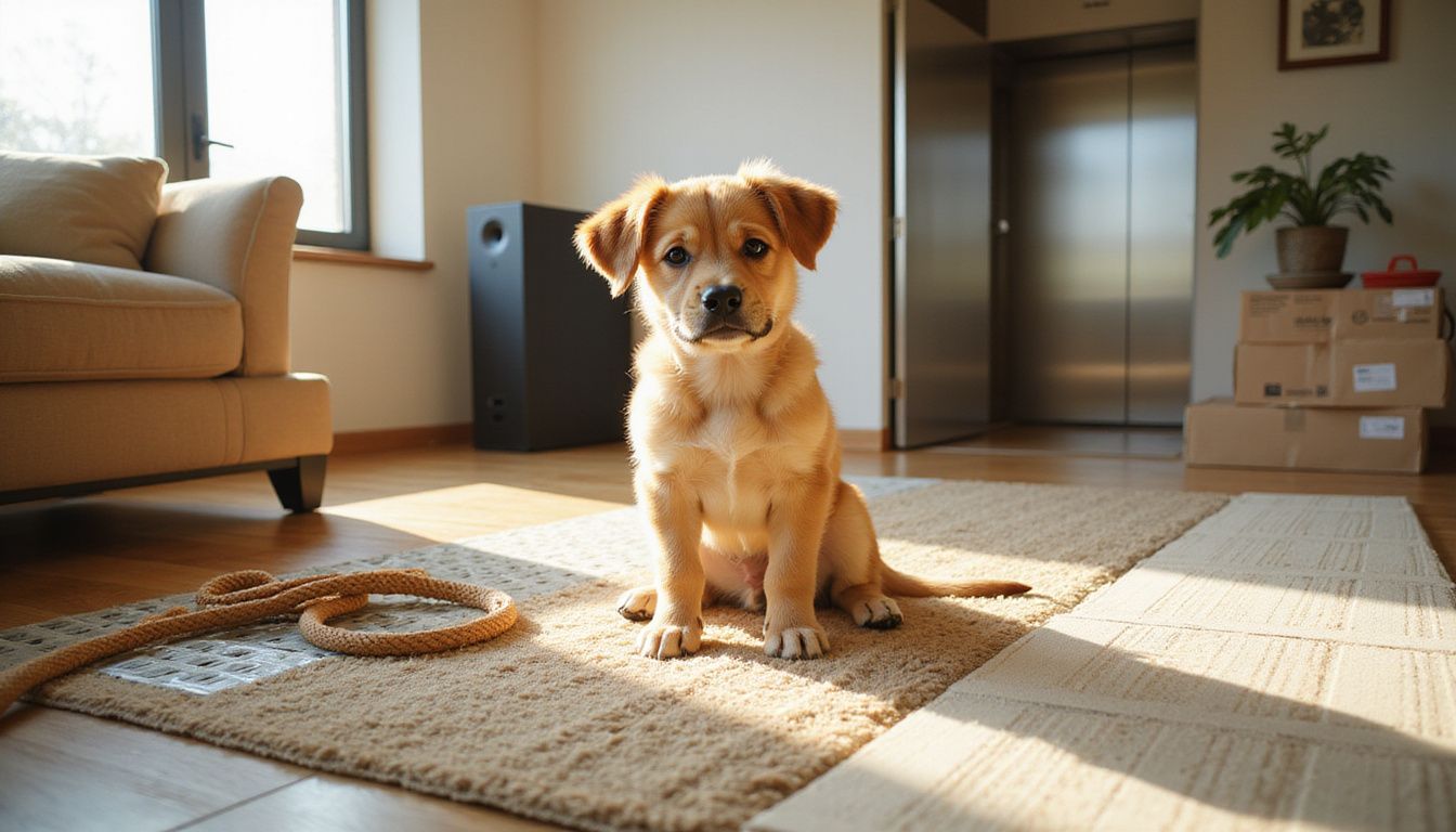 A young puppy sits alertly in a stylish apartment living room surrounded by various textures and furniture items. A young puppy sits alertly in a stylish apartment living room surrounded by various textures and furniture items.