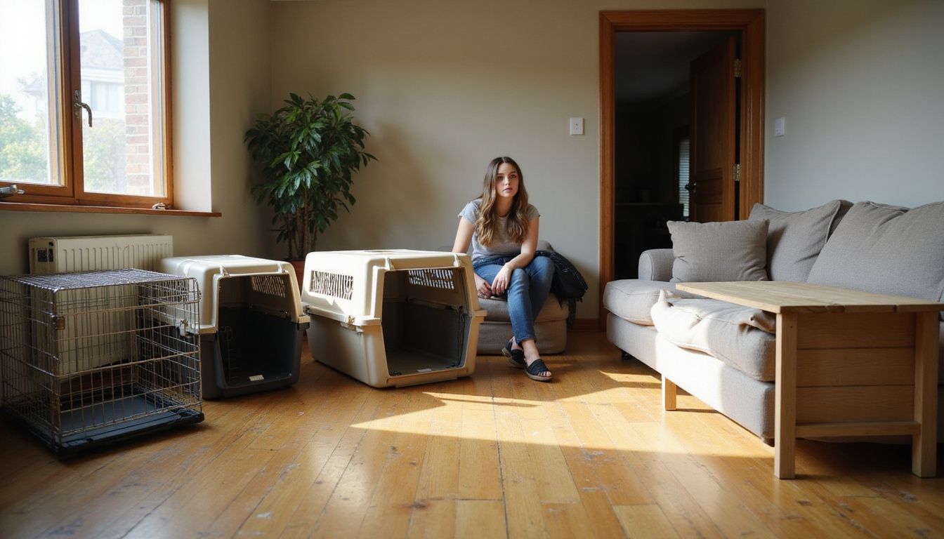 A woman evaluates four distinct pet crates in a modest, lived-in studio apartment with noticeable wear and character. A woman evaluates four distinct pet crates in a modest, lived-in studio apartment with noticeable wear and character.