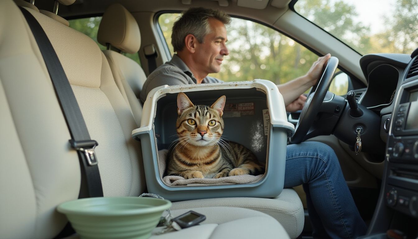 A middle-aged person drives while attentively watching a tabby cat in a worn airline carrier in the backseat.