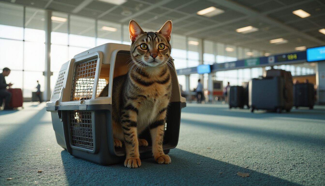 A tabby cat sits alert inside an airline pet carrier at an airport terminal surrounded by luggage.
