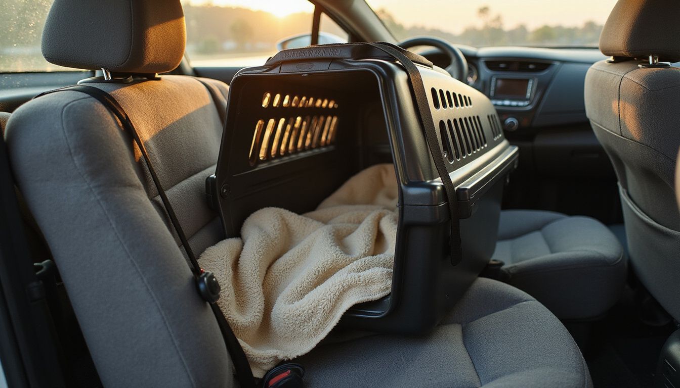 A secured cat carrier sits on the back seat of a sedan, lined with a towel and covered by a muslin sheet.
