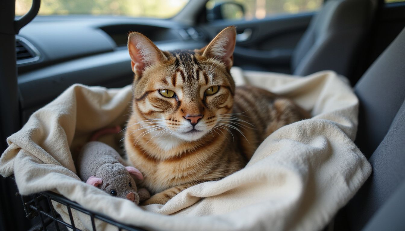 A relaxed tabby cat curls up inside a wire pet carrier on a faded blanket, surrounded by familiar comfort items.