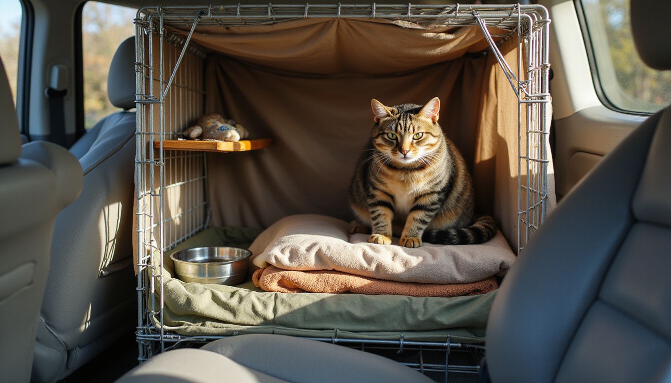 A cozy vehicle interior features a wire dog crate with a curious tabby cat and travel essentials for pets.