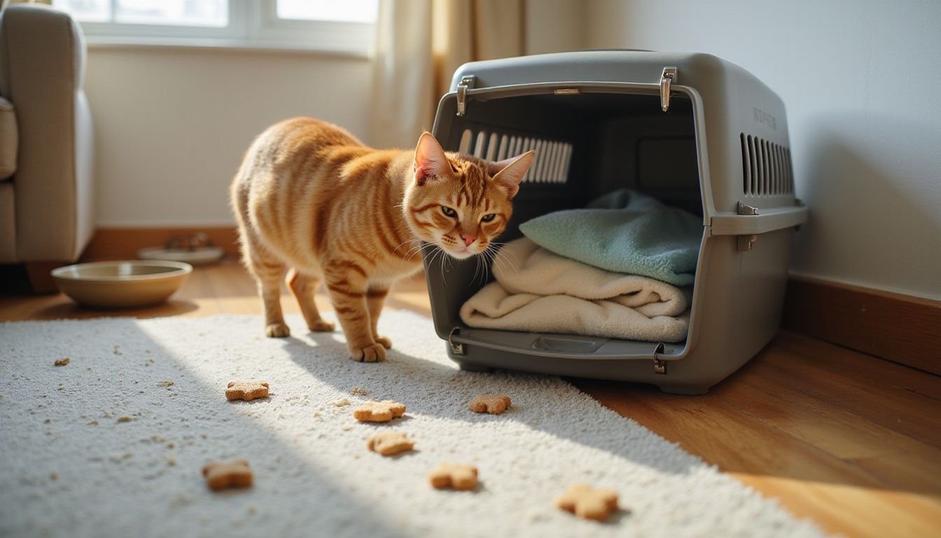 A ginger tabby cat curiously approaches an open pet carrier on a plush carpet scattered with treats.