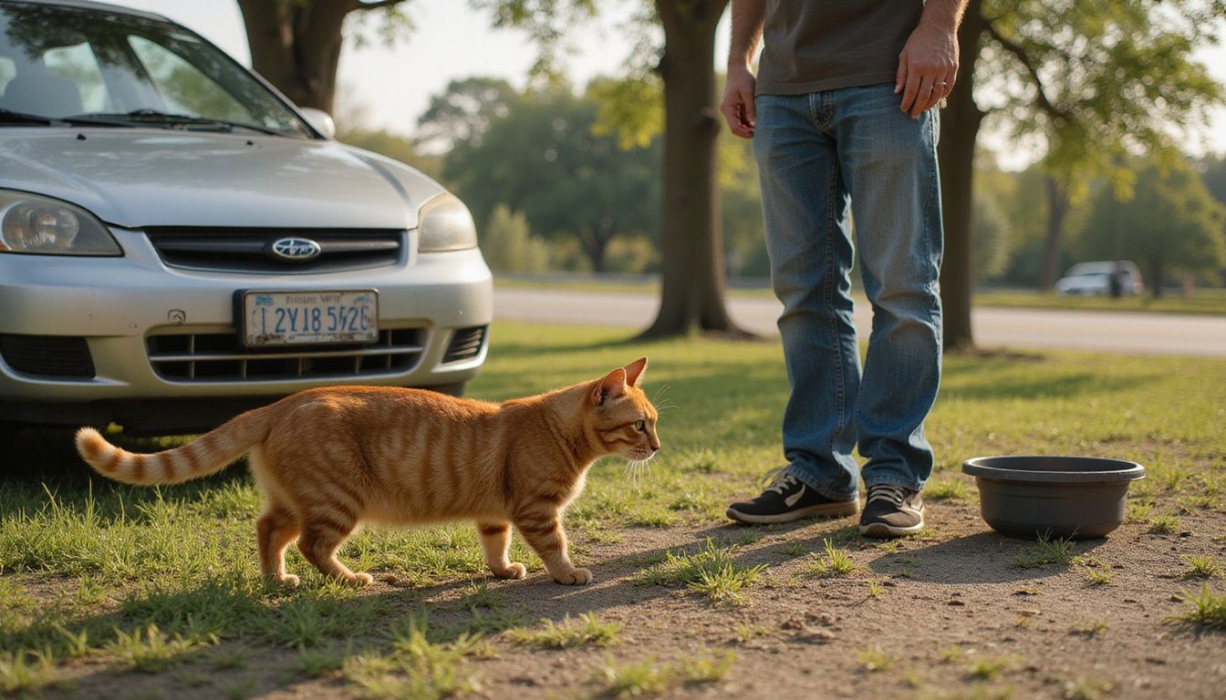 An orange tabby cat stretches beside a man at a highway rest stop, surrounded by travel gear and nature.