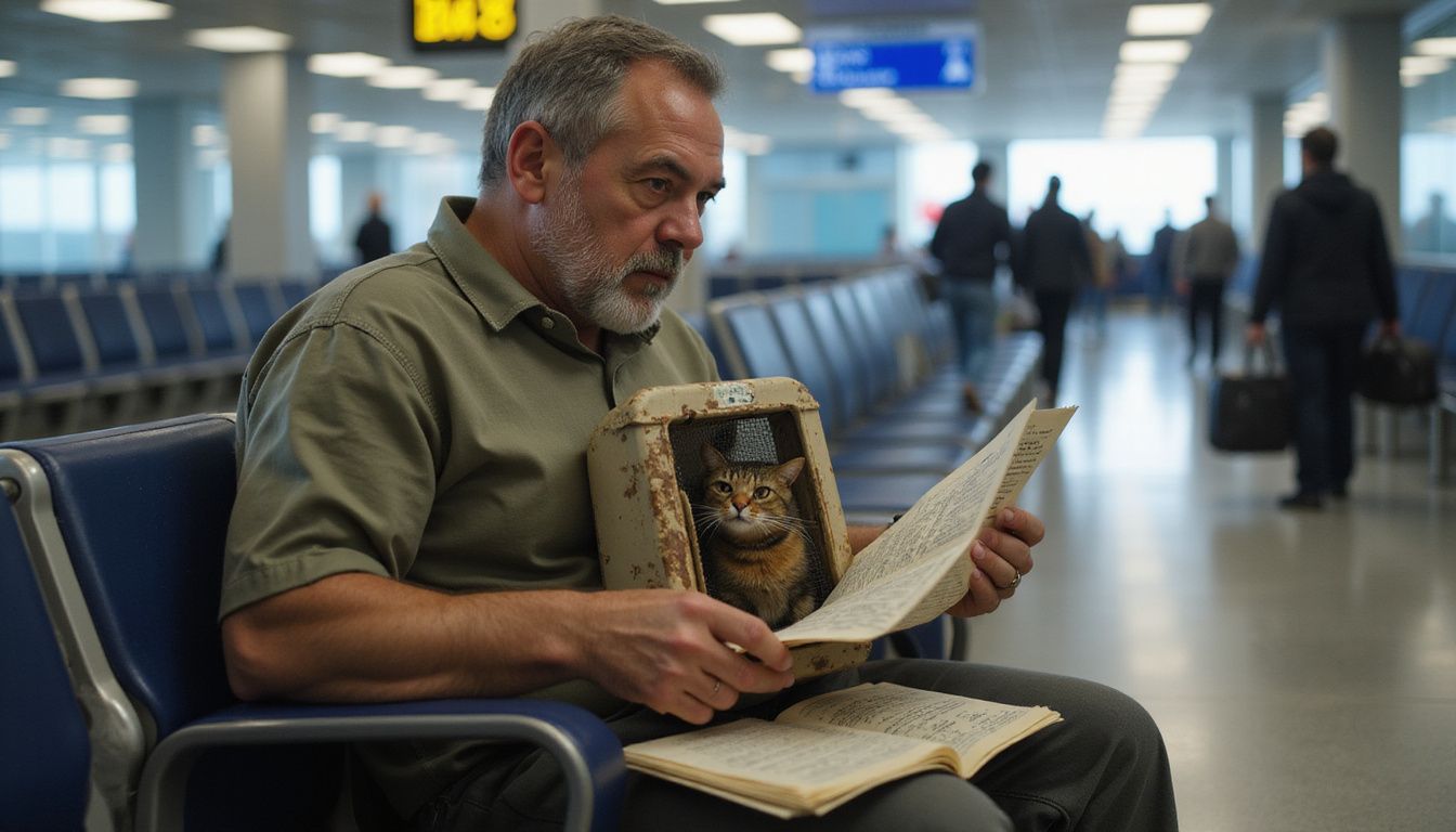 A middle-aged traveler anxiously awaits in an airport chair, holding documents and a cat carrier on their lap.