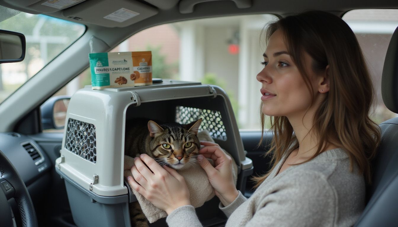A woman in a car gently holds a pet carrier containing a calm tabby cat, surrounded by calming products.