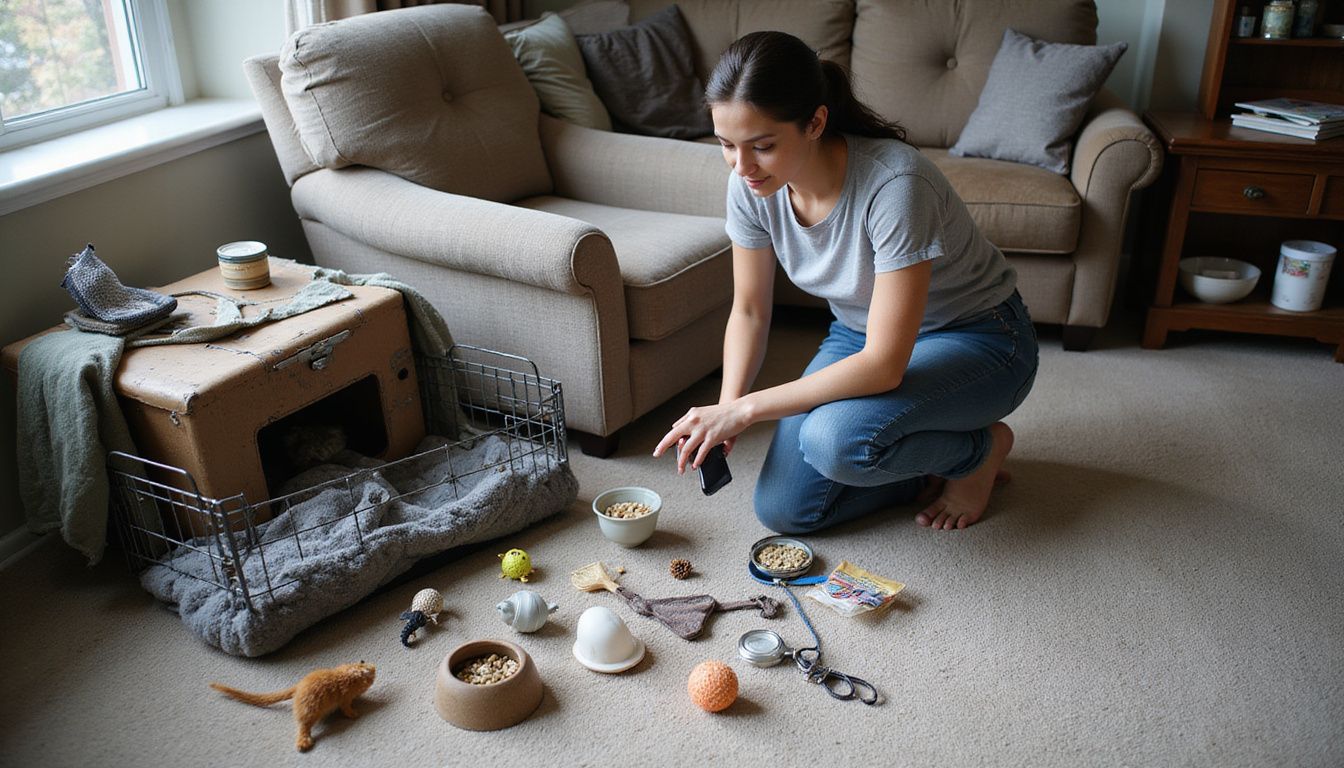 A woman prepares for feline travel in her cozy living room, surrounded by pet supplies and toys.