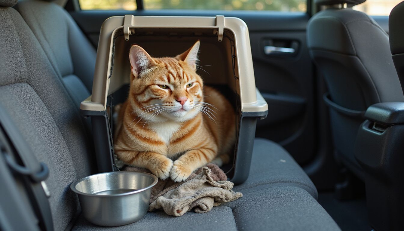 A relaxed orange tabby cat sits comfortably inside an airline-approved carrier on a worn car seat.
