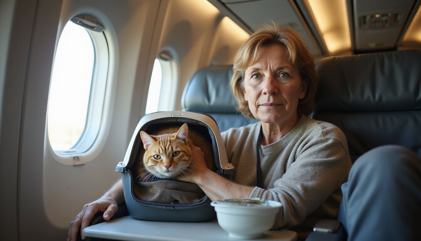 A middle-aged woman sits in an aircraft window seat, caring for her ginger tabby cat in a soft carrier.
