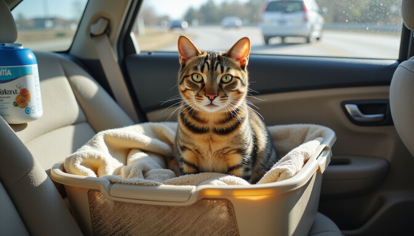 A relaxed tabby cat sits in a pet carrier on the back seat of a sedan, surrounded by calming items.