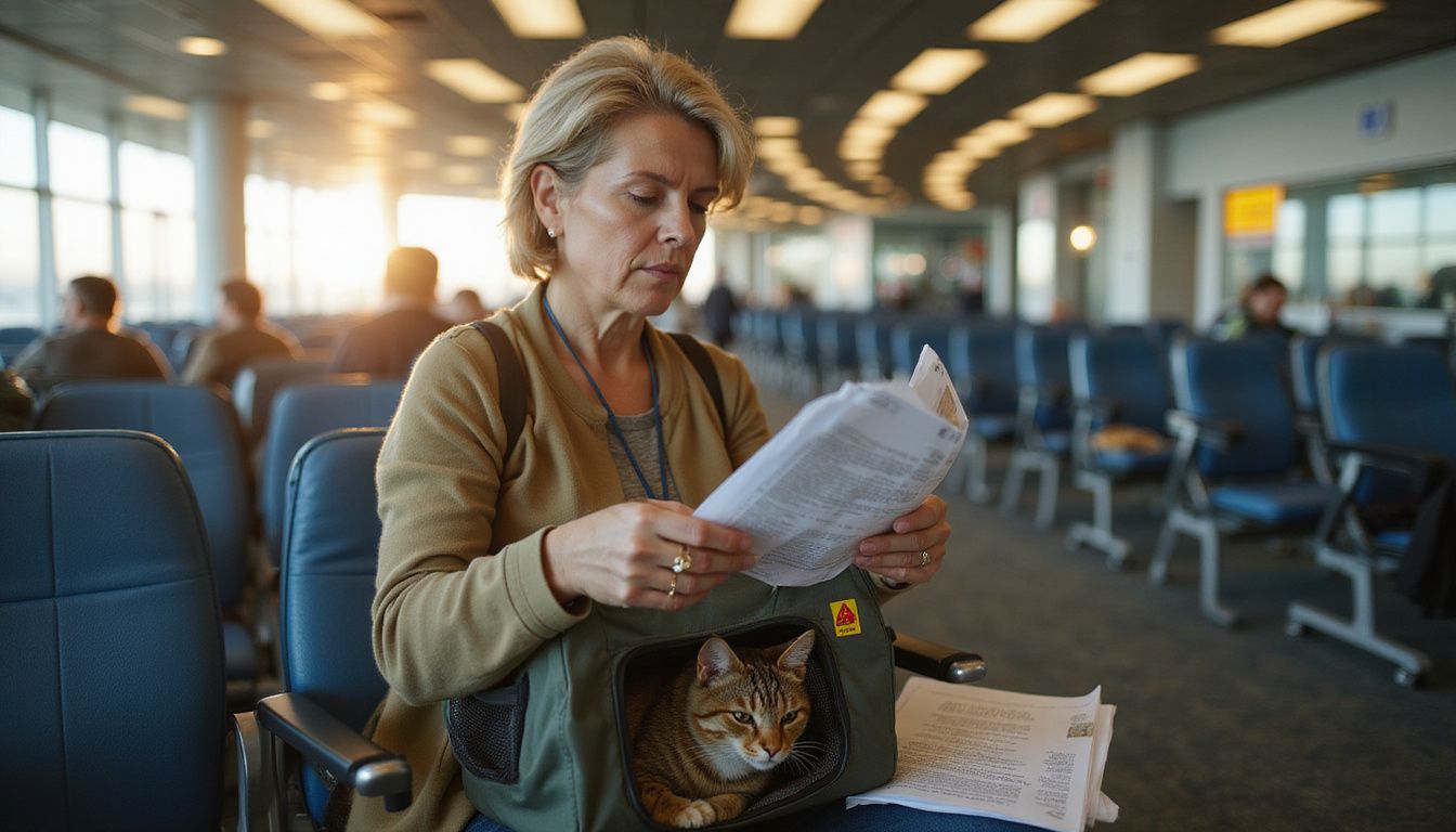 A woman nervously examines pet travel documents while her tabby cat peeks from a soft-sided carrier in an airport terminal.