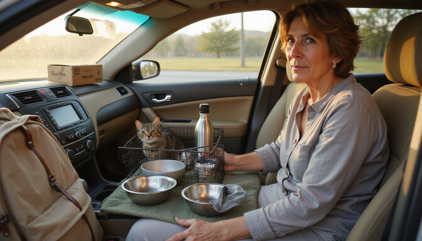 A middle-aged woman prepares for pet transport, arranging bowls and supplies in her car with a tabby cat nearby.