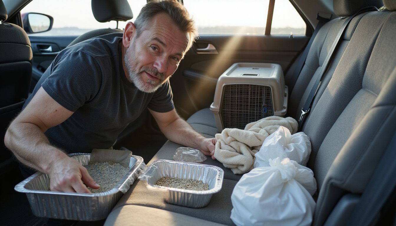 A weary person prepares a makeshift pet care area in a cluttered car at a highway rest area.