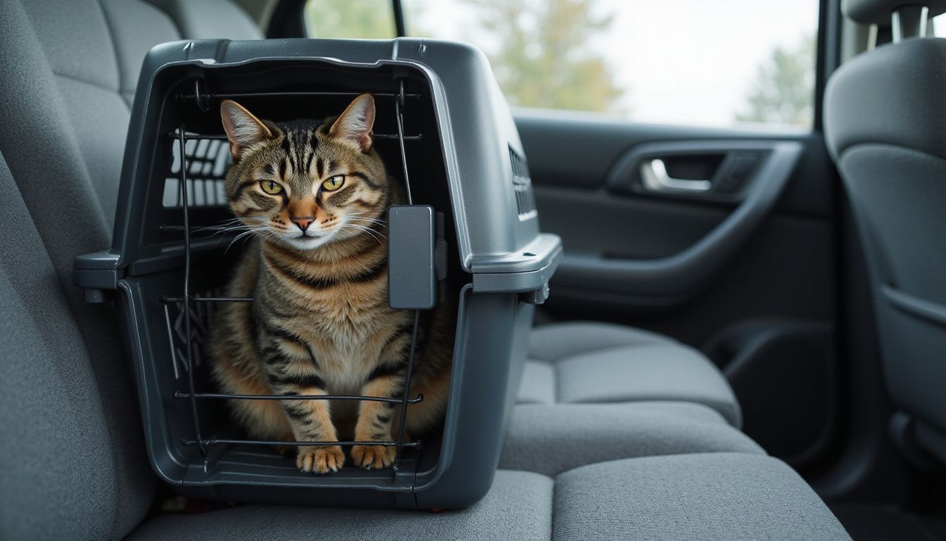 A distressed tabby cat is trapped in a dark plastic carrier on a gray car seat.