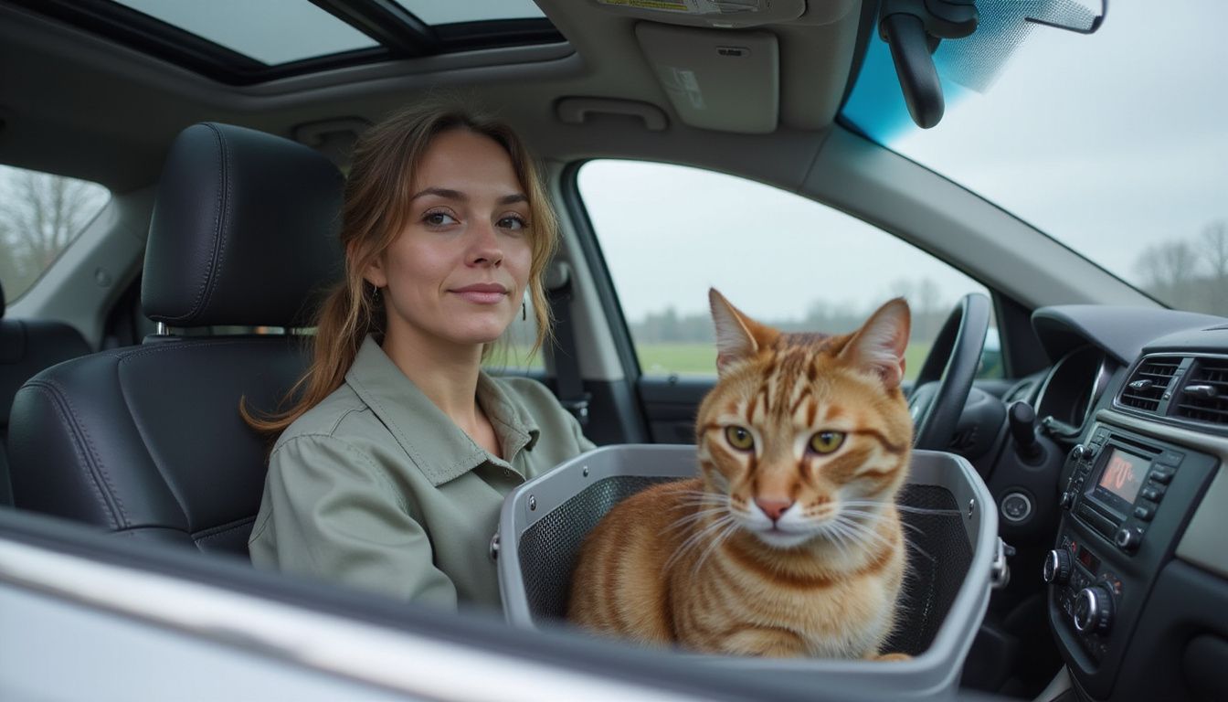 A relaxed woman in a silver sedan glances back at her resting tabby cat in a carrier.
