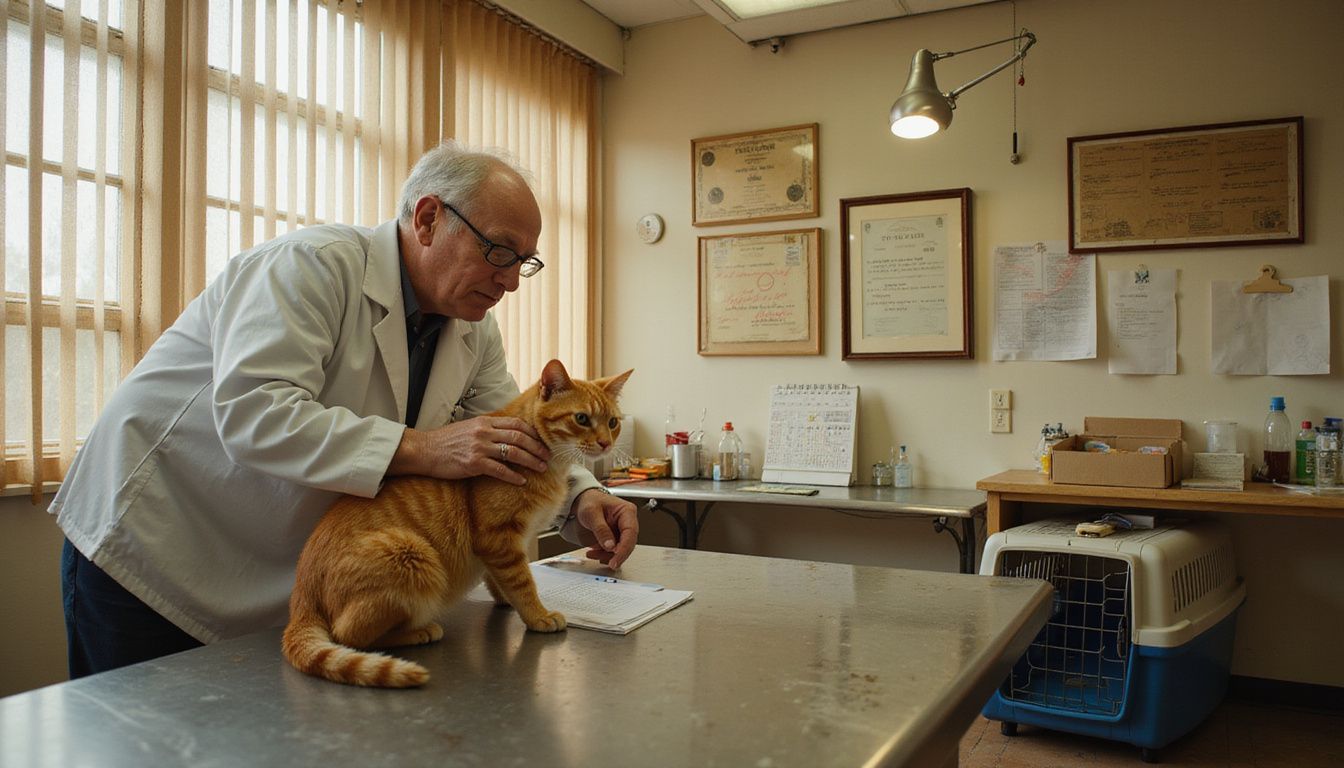 A middle-aged veterinarian examines a calm orange tabby cat on a well-used stainless steel table in a busy clinic.
