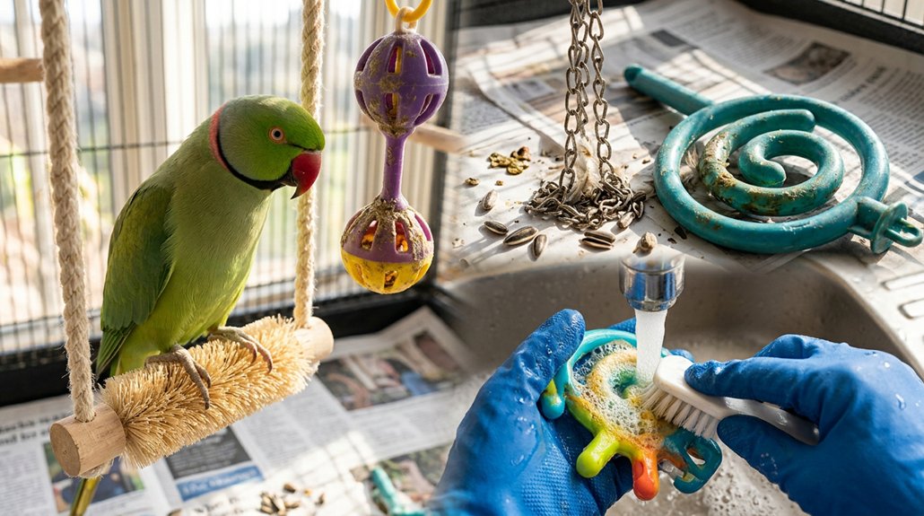 wash bird toys and perches
