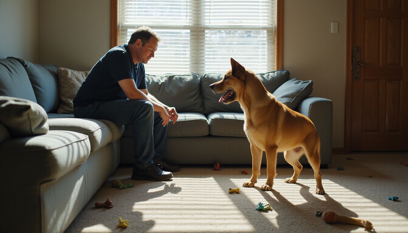 A person attentively watches a dog displaying various playful behaviors. A person attentively watches a dog displaying various playful behaviors.