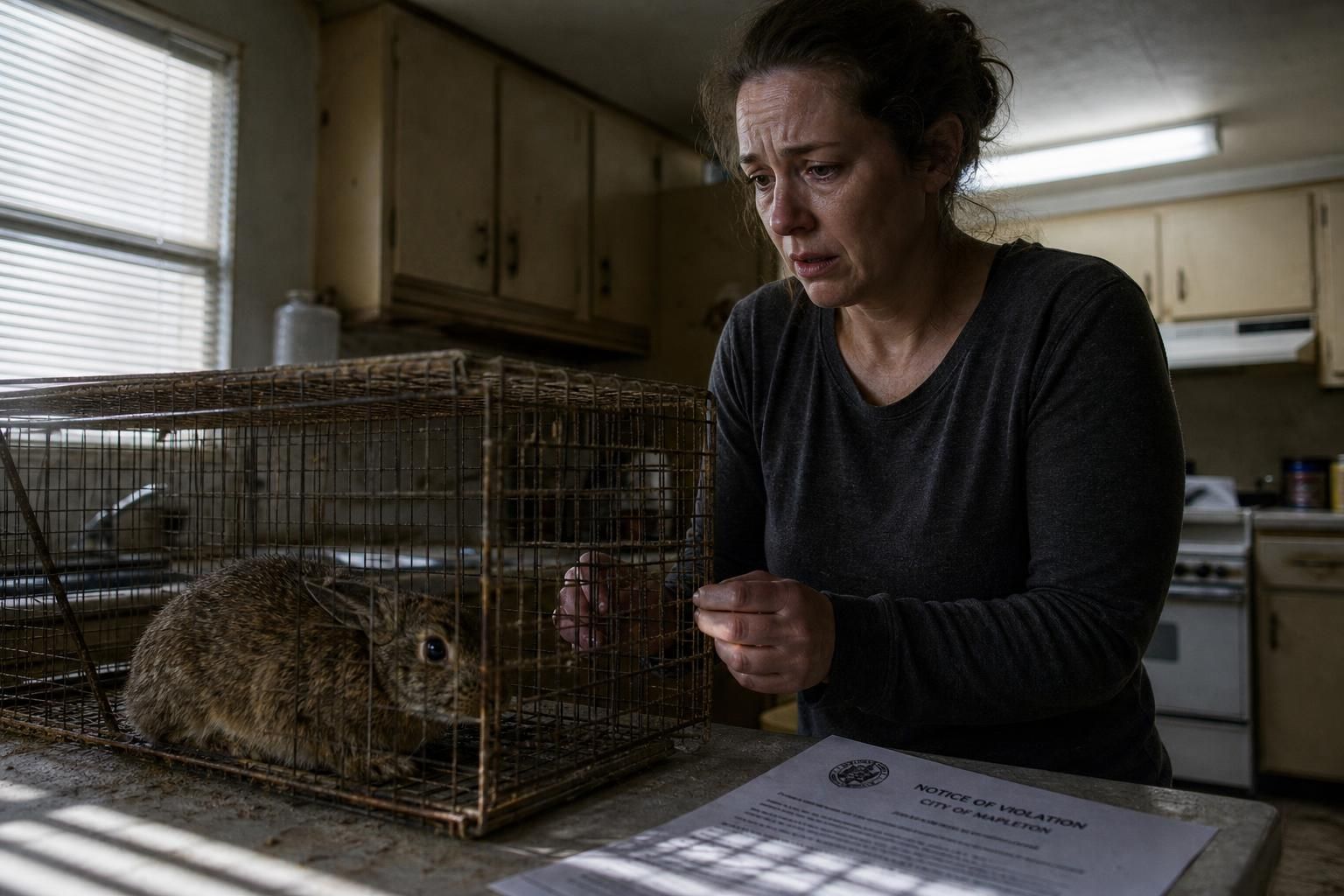 A woman anxiously contemplates a distressed rabbit in a dilapidated kitchen.