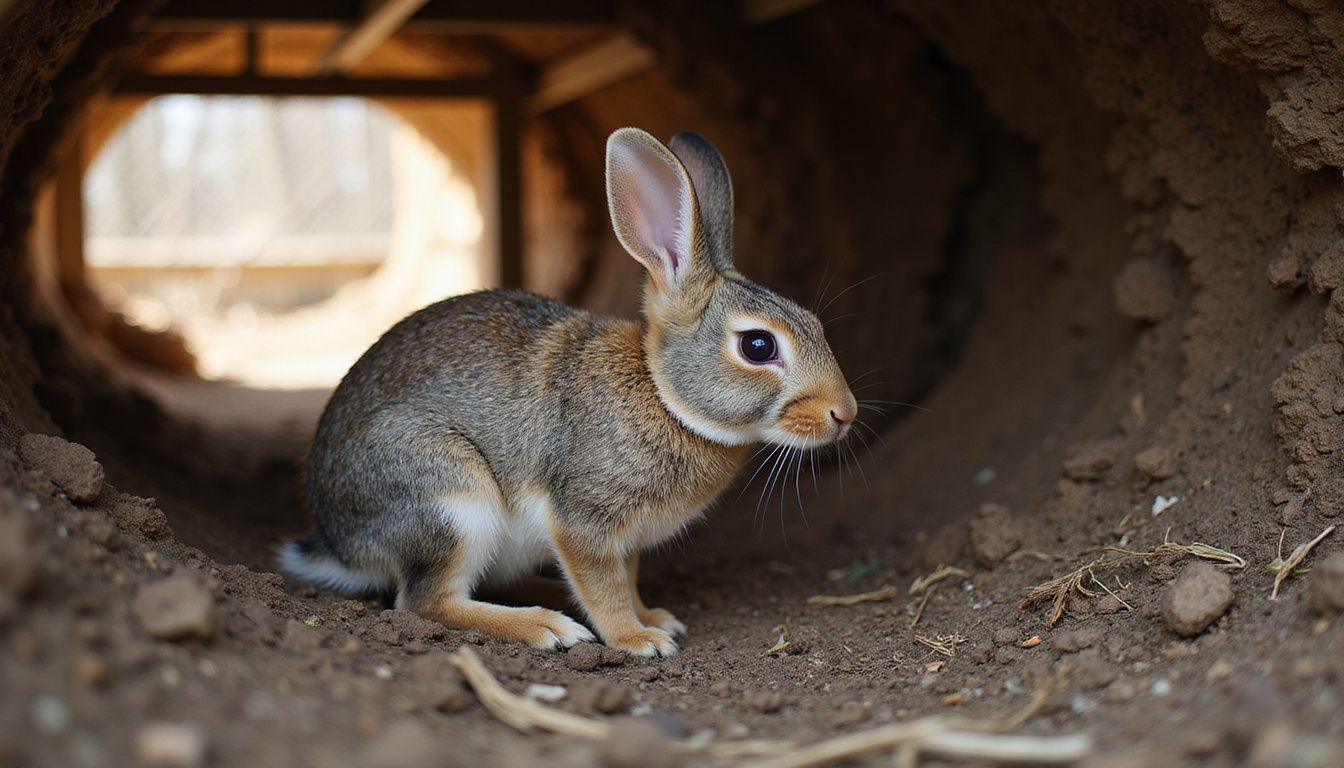A wild rabbit remains alert in its earthy burrow. A wild rabbit remains alert in its earthy burrow.