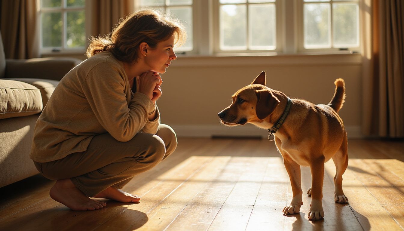 A woman observes a mixed-breed dog’s calming behavior. A woman observes a mixed-breed dog’s calming behavior.
