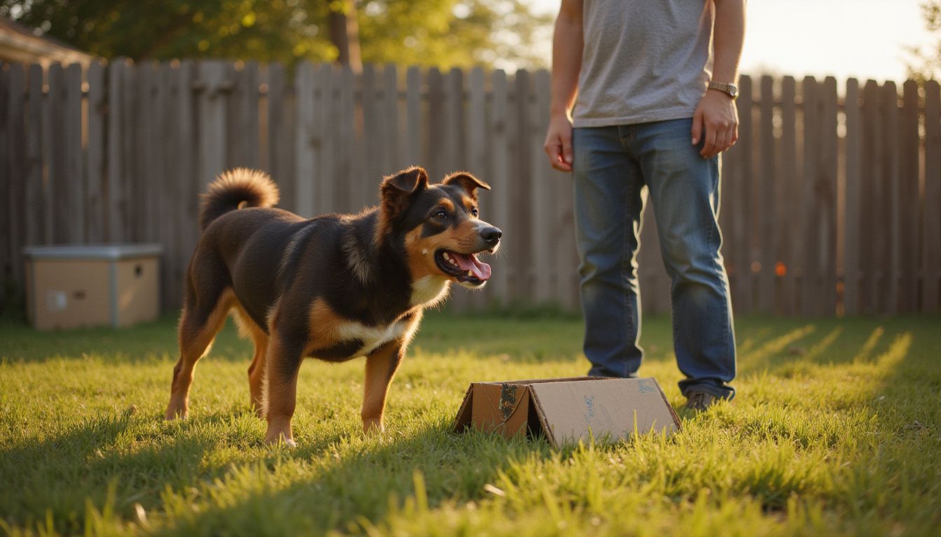 A mixed-breed dog barks curiously in a suburban backyard. A mixed-breed dog barks curiously in a suburban backyard.