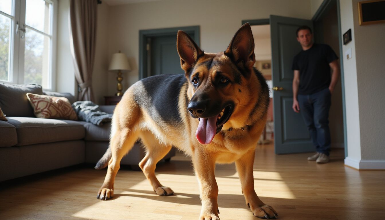 A vigilant German Shepherd protects its owner from a silhouette. A vigilant German Shepherd protects its owner from a silhouette.