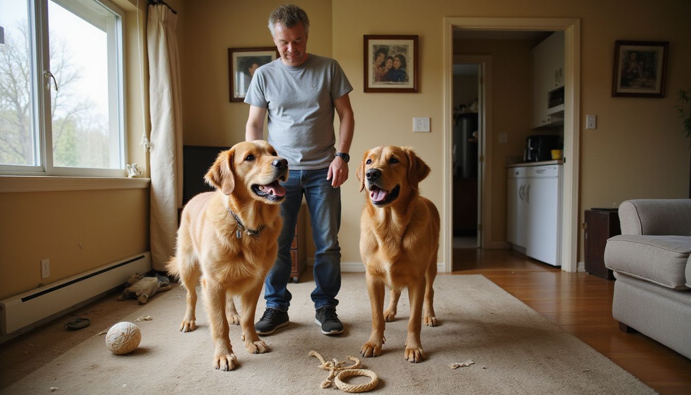 A man observes his vocalizing golden retriever in a cozy living room. A man observes his vocalizing golden retriever in a cozy living room.