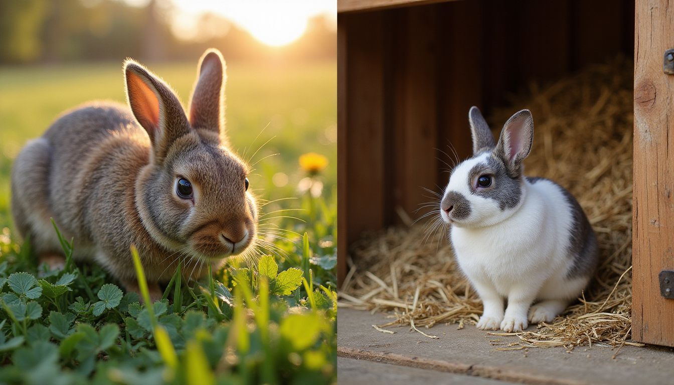 A brown rabbit grazes in a meadow beside a groomed hutch rabbit. A brown rabbit grazes in a meadow beside a groomed hutch rabbit.