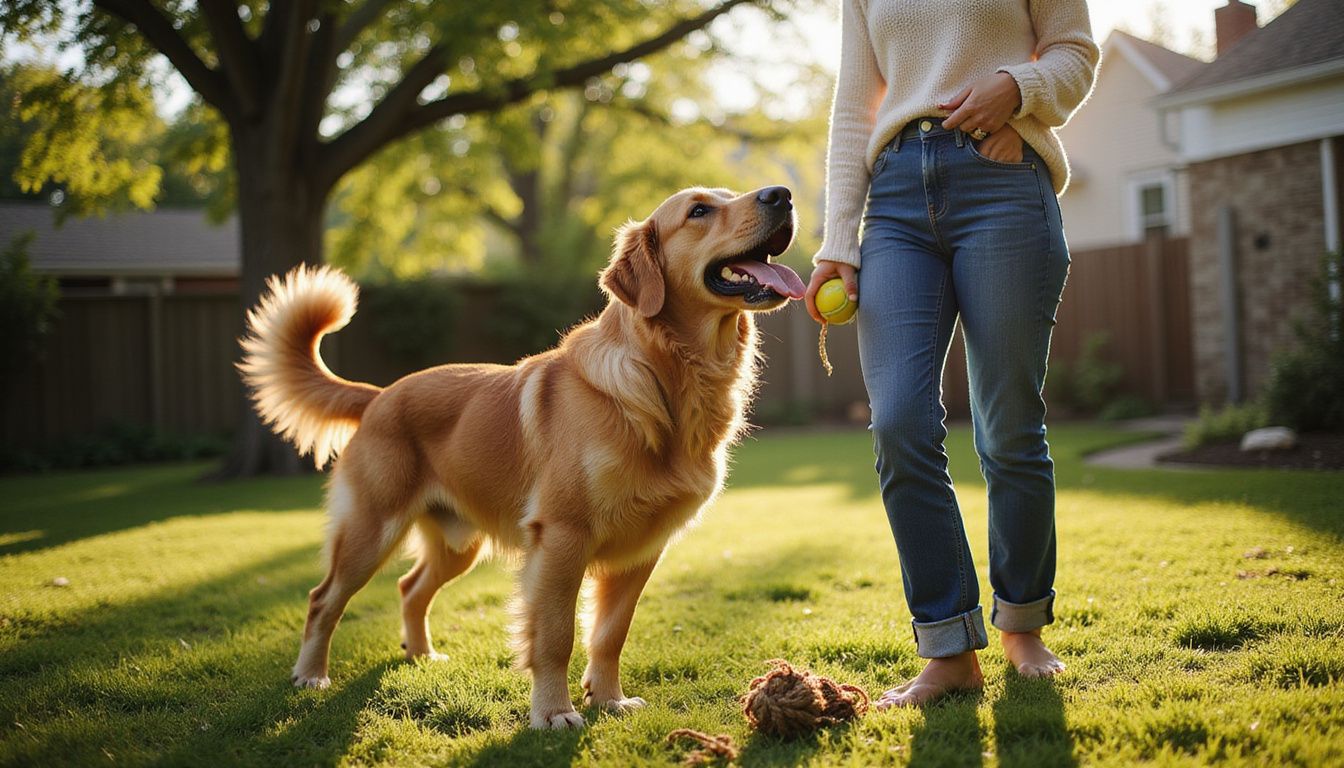 A golden retriever barks joyfully while a woman holds a tennis ball. A golden retriever barks joyfully while a woman holds a tennis ball.