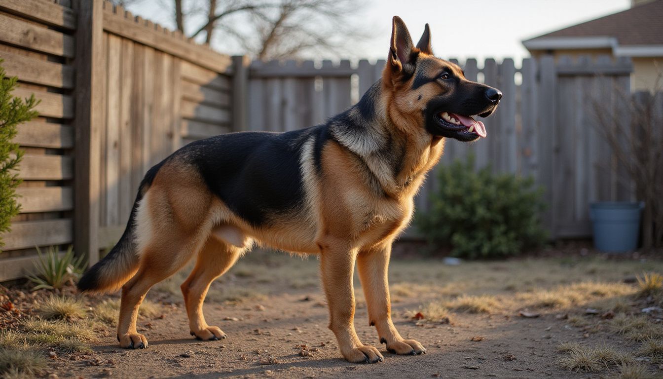 A German Shepherd stands alert in a residential backyard, mid-bark. A German Shepherd stands alert in a residential backyard, mid-bark.