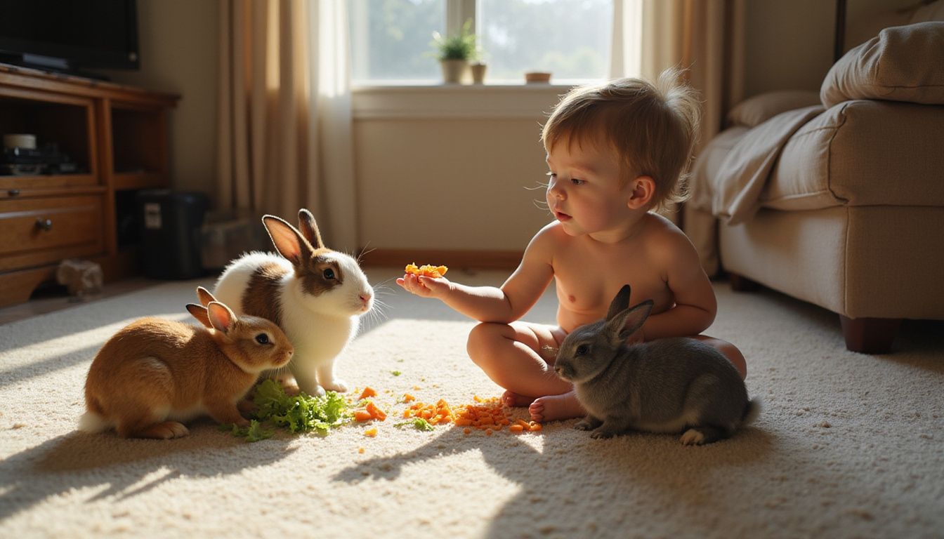 A child offers food to two friendly rabbits on a carpet. A child offers food to two friendly rabbits on a carpet.
