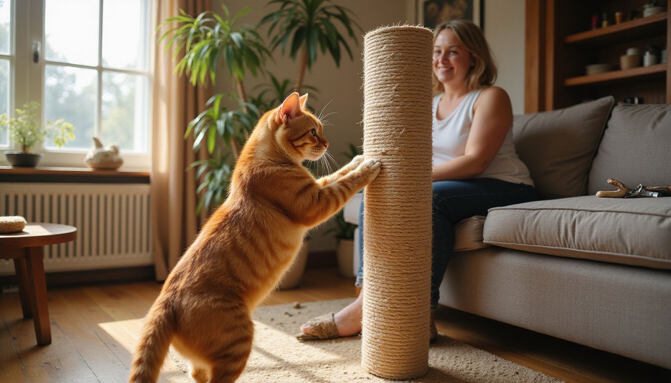 A muscular orange and brown tabby cat scratches a worn sisal post while a woman relaxes nearby on the couch. A muscular orange and brown tabby cat scratches a worn sisal post while a woman relaxes nearby on the couch.