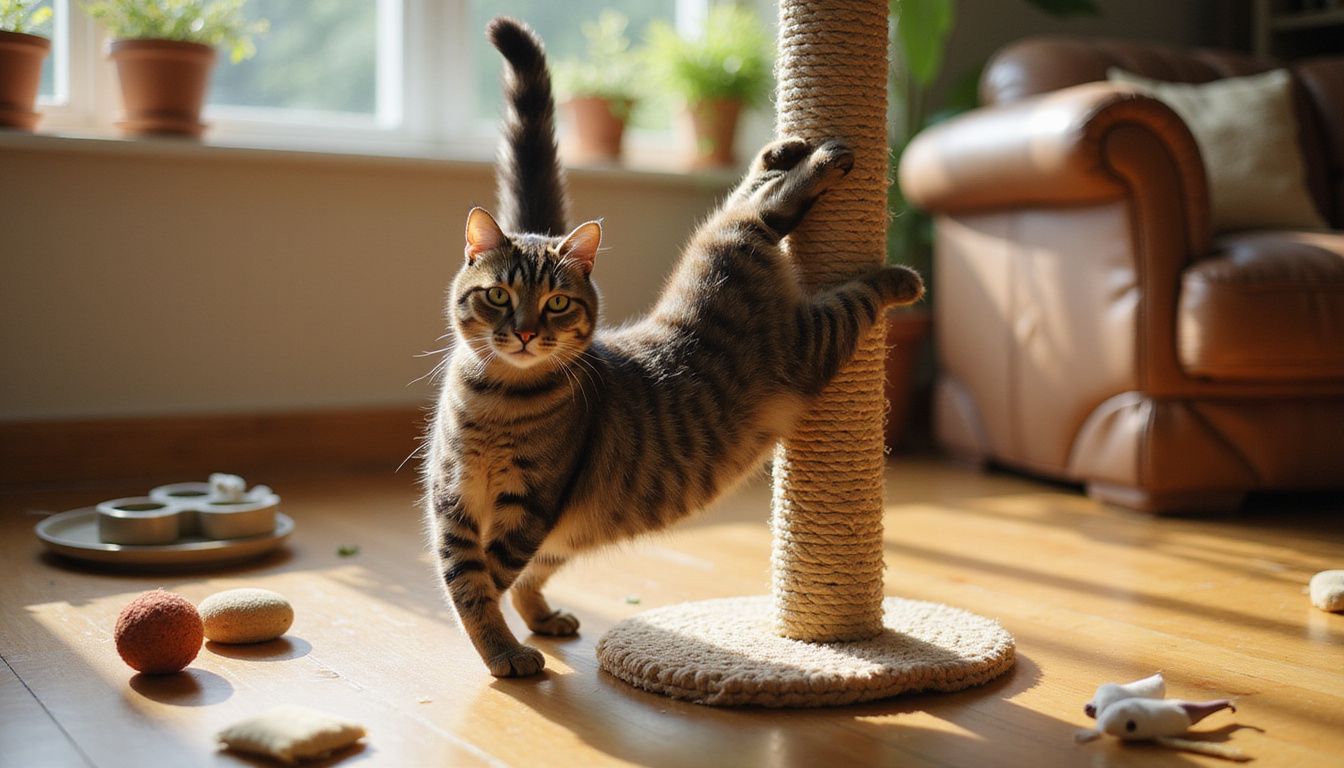 A tabby cat stretches against a worn sisal scratching post, showcasing its muscle definition and playful environment. A tabby cat stretches against a worn sisal scratching post, showcasing its muscle definition and playful environment.