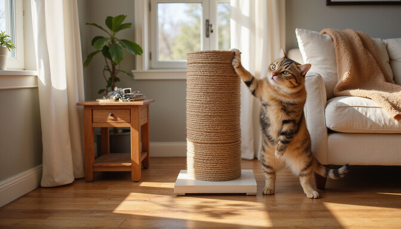 A tabby cat climbs a worn sisal rope scratching post beside a cozy sofa, surrounded by pet grooming tools. A tabby cat climbs a worn sisal rope scratching post beside a cozy sofa, surrounded by pet grooming tools.