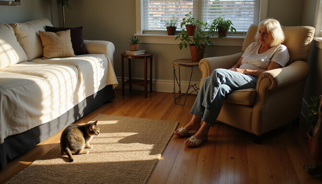 A cozy, lived-in living room features a scruffy sofa, a playful cat, and a thoughtful woman in an armchair. A cozy, lived-in living room features a scruffy sofa, a playful cat, and a thoughtful woman in an armchair.