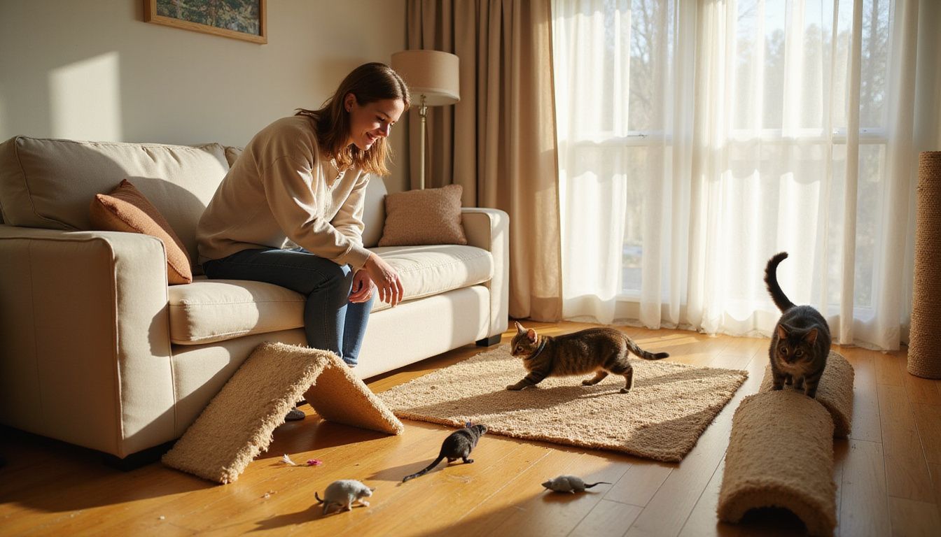 A woman watches her playful brown tabby cats in a cozy, lived-in living room filled with pet-friendly decor. A woman watches her playful brown tabby cats in a cozy, lived-in living room filled with pet-friendly decor.