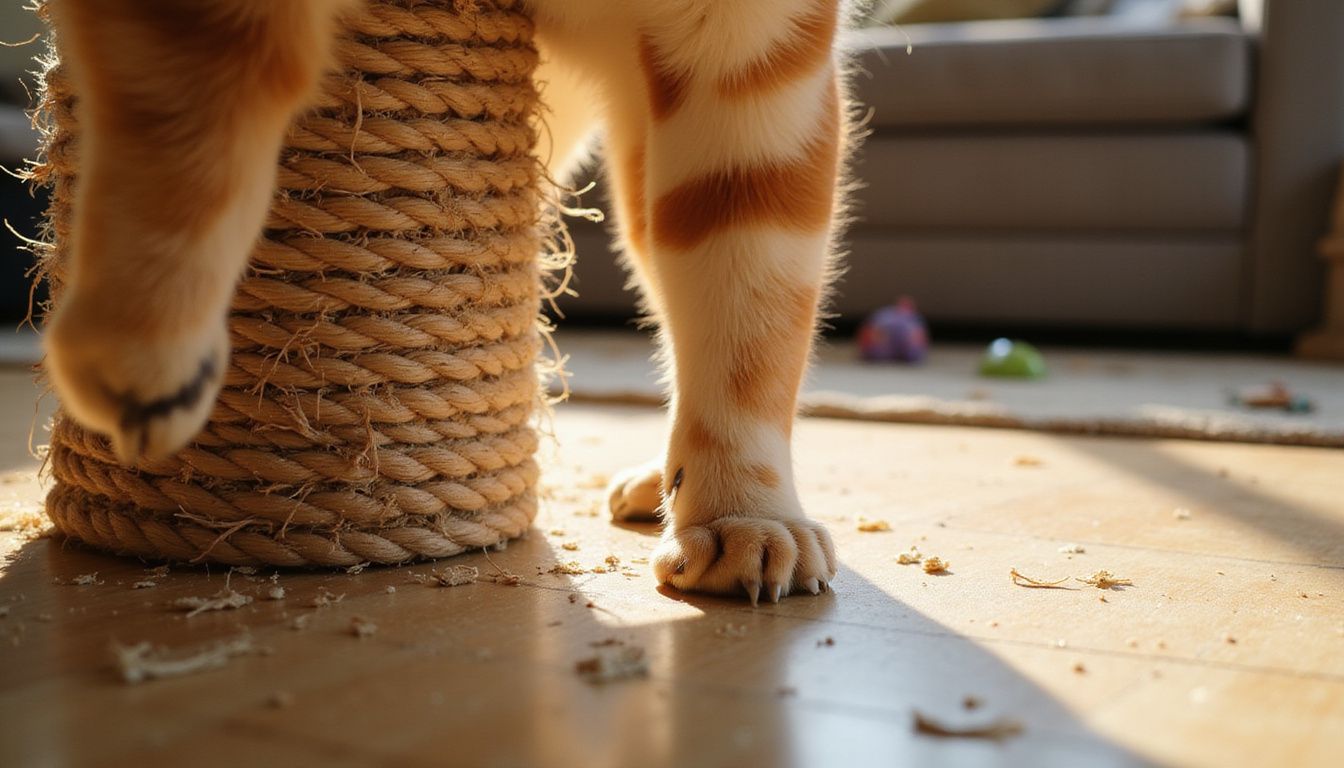A close-up of an orange tabby cat scratching a worn sisal rope post, showcasing its claws and fur texture. A close-up of an orange tabby cat scratching a worn sisal rope post, showcasing its claws and fur texture.