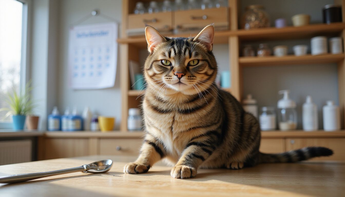 A plump tabby cat sits calmly on a veterinary examination table, accompanied by grooming tools and pet care products. A plump tabby cat sits calmly on a veterinary examination table, accompanied by grooming tools and pet care products.