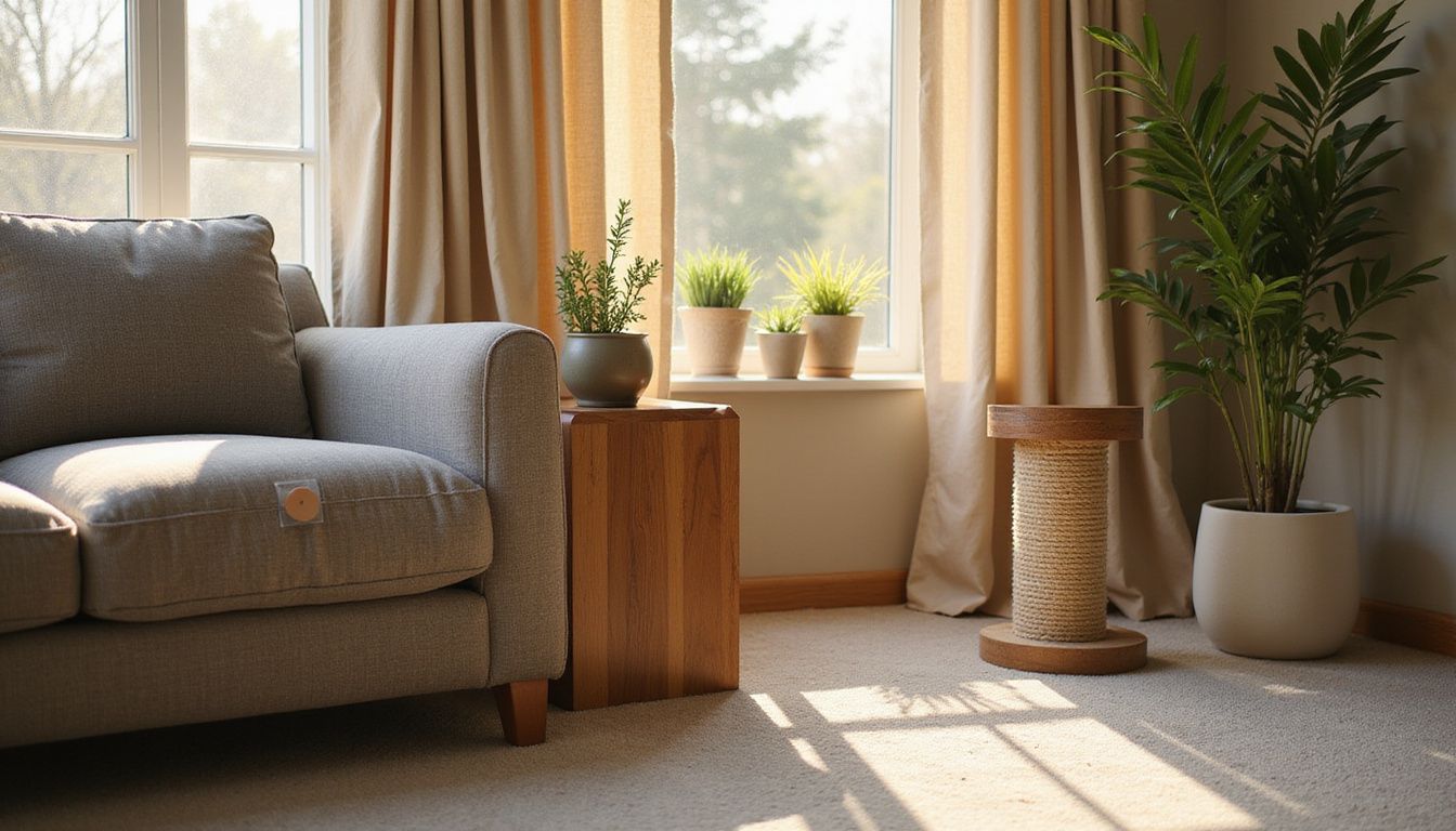 A cozy living room featuring a gray sofa, wooden side table, and plants, showcasing a lived-in aesthetic. A cozy living room featuring a gray sofa, wooden side table, and plants, showcasing a lived-in aesthetic.