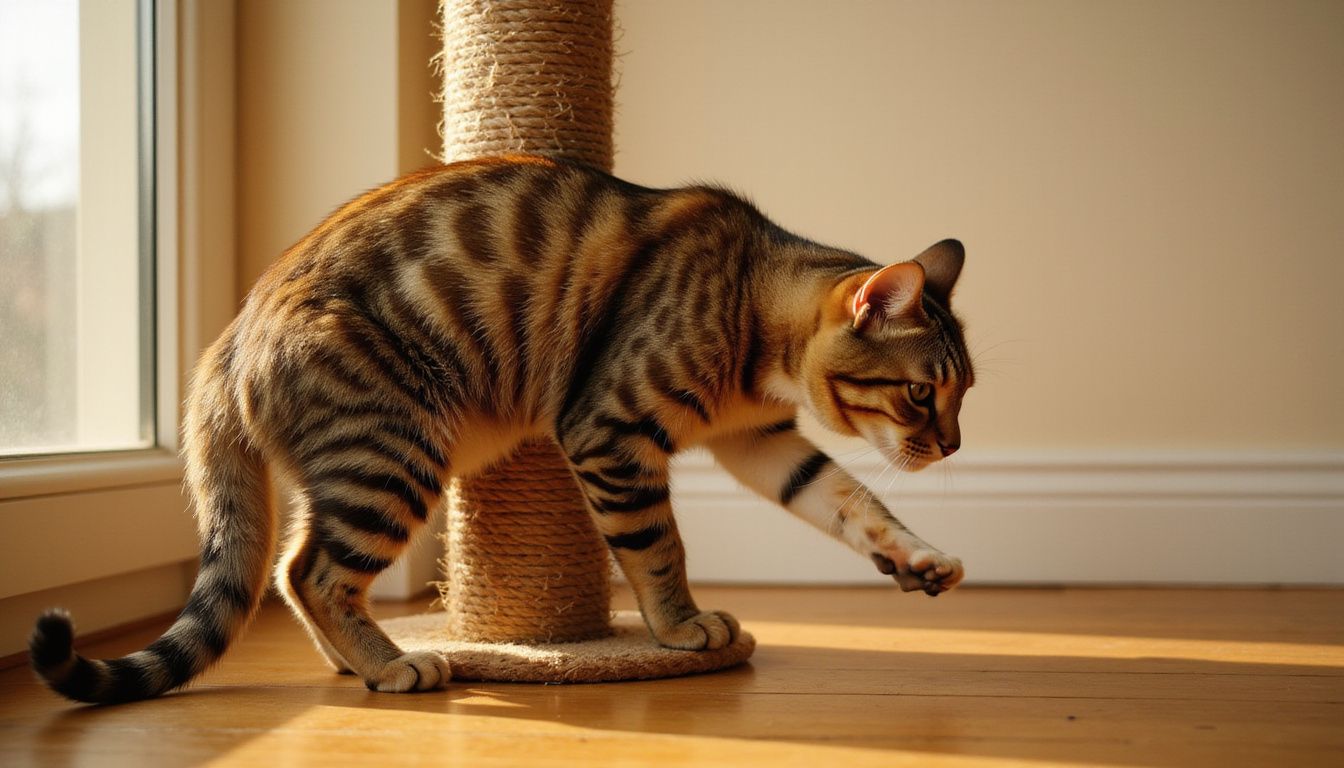 A tabby cat stretches against a sisal scratching post, showcasing its muscles and focused expression. A tabby cat stretches against a sisal scratching post, showcasing its muscles and focused expression.