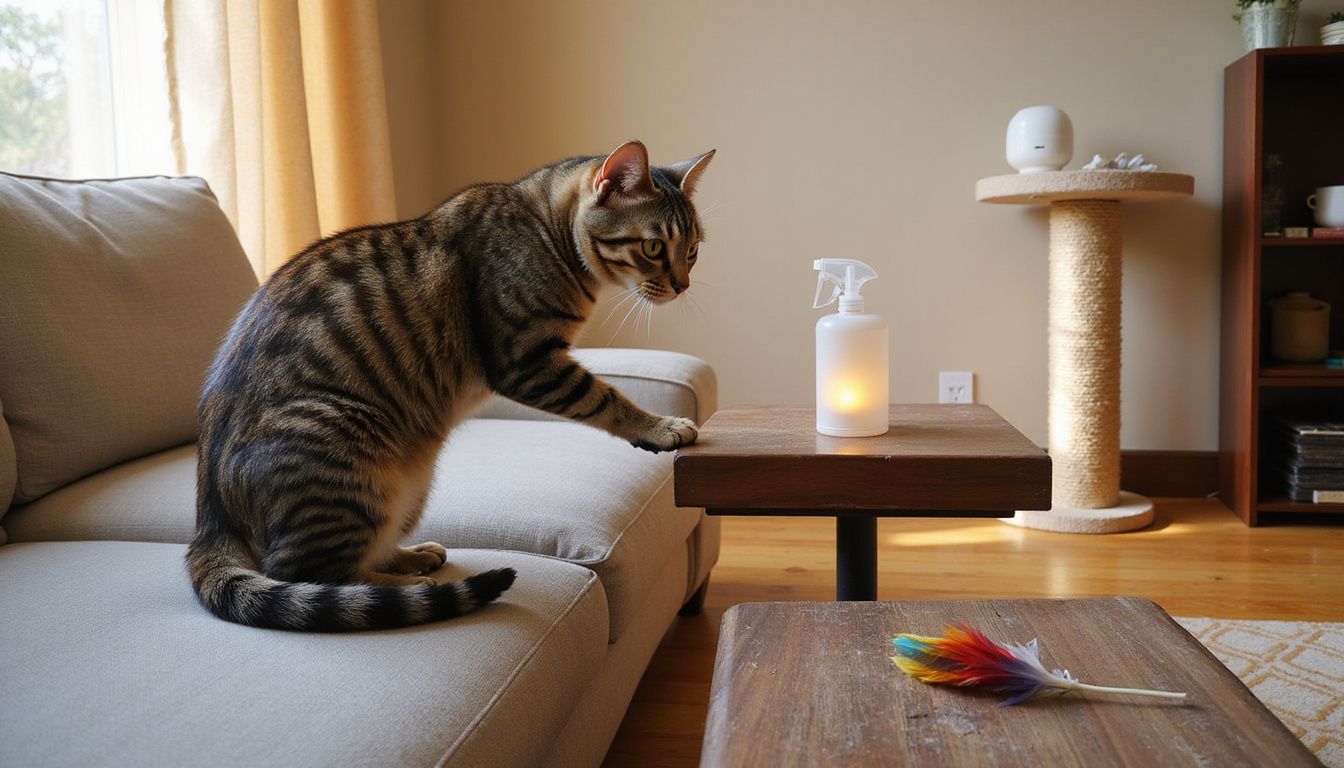 A cautious tabby cat explores a sticky armrest while a scratching post and pet supplies are nearby. A cautious tabby cat explores a sticky armrest while a scratching post and pet supplies are nearby.