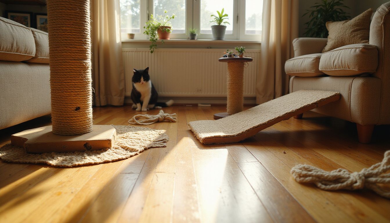 A sunlit living room features various cat scratching furniture and toys scattered on honey-toned hardwood floors. A sunlit living room features various cat scratching furniture and toys scattered on honey-toned hardwood floors.