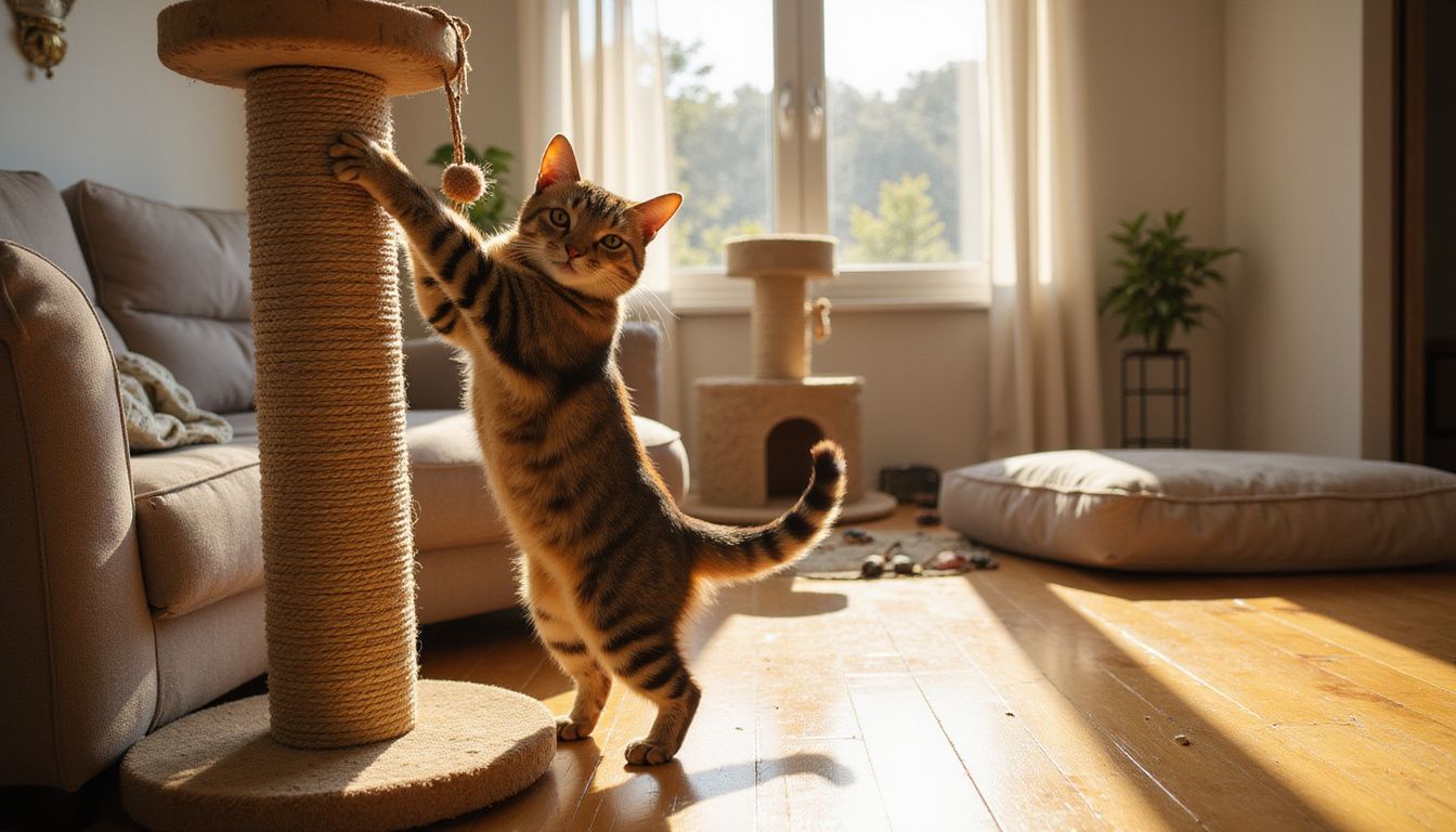 A tabby cat stretches on a worn sisal scratching post next to a cozy sofa in a lived-in living room. A tabby cat stretches on a worn sisal scratching post next to a cozy sofa in a lived-in living room.