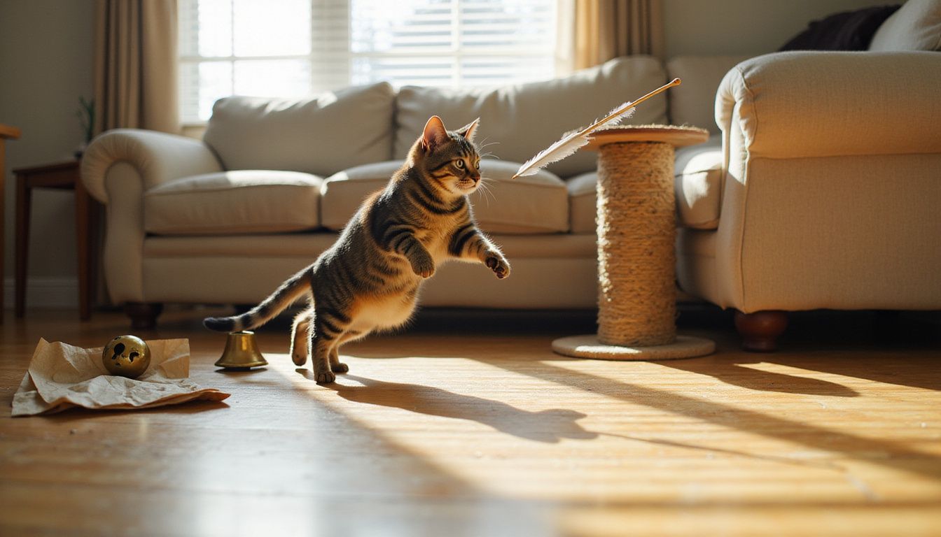 A tabby cat mid-leap pounces on a feather wand toy in a cozy, lived-in home setting. A tabby cat mid-leap pounces on a feather wand toy in a cozy, lived-in home setting.