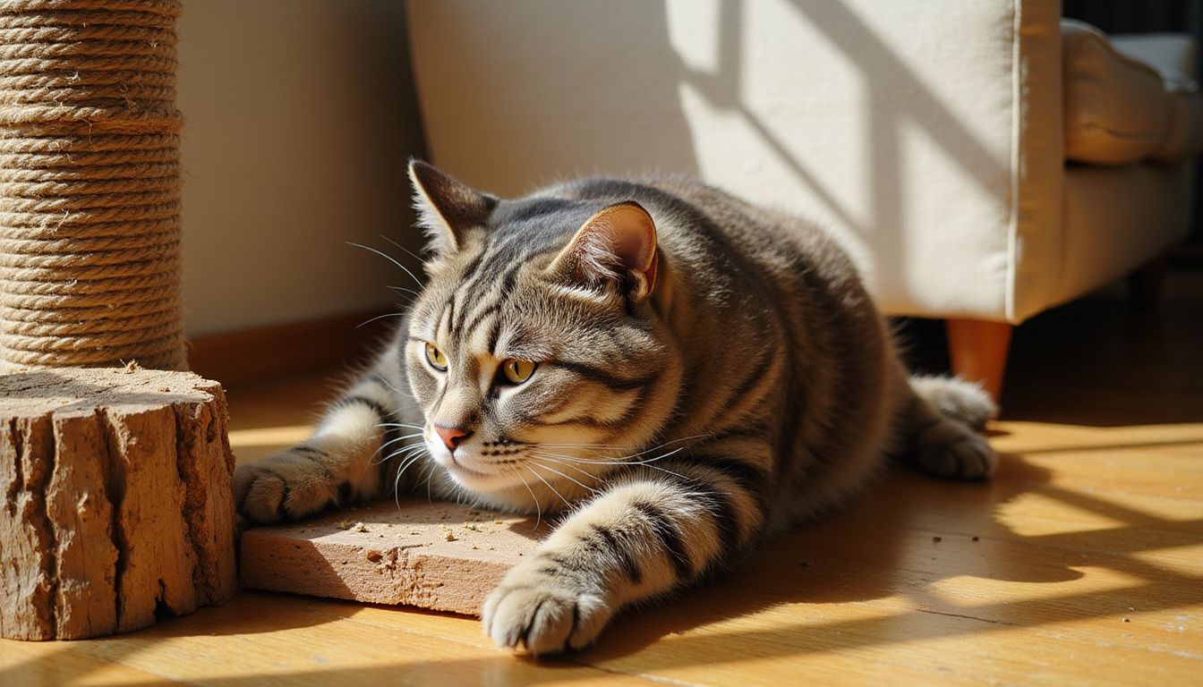 A plump tabby cat stretches on a worn scratching post, showcasing its claws and focused expression in a cozy room. A plump tabby cat stretches on a worn scratching post, showcasing its claws and focused expression in a cozy room.