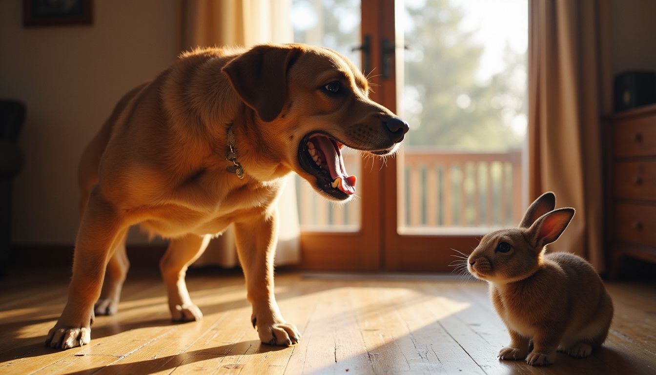 A muscular dog barks fiercely at a frightened rabbit. A muscular dog barks fiercely at a frightened rabbit.