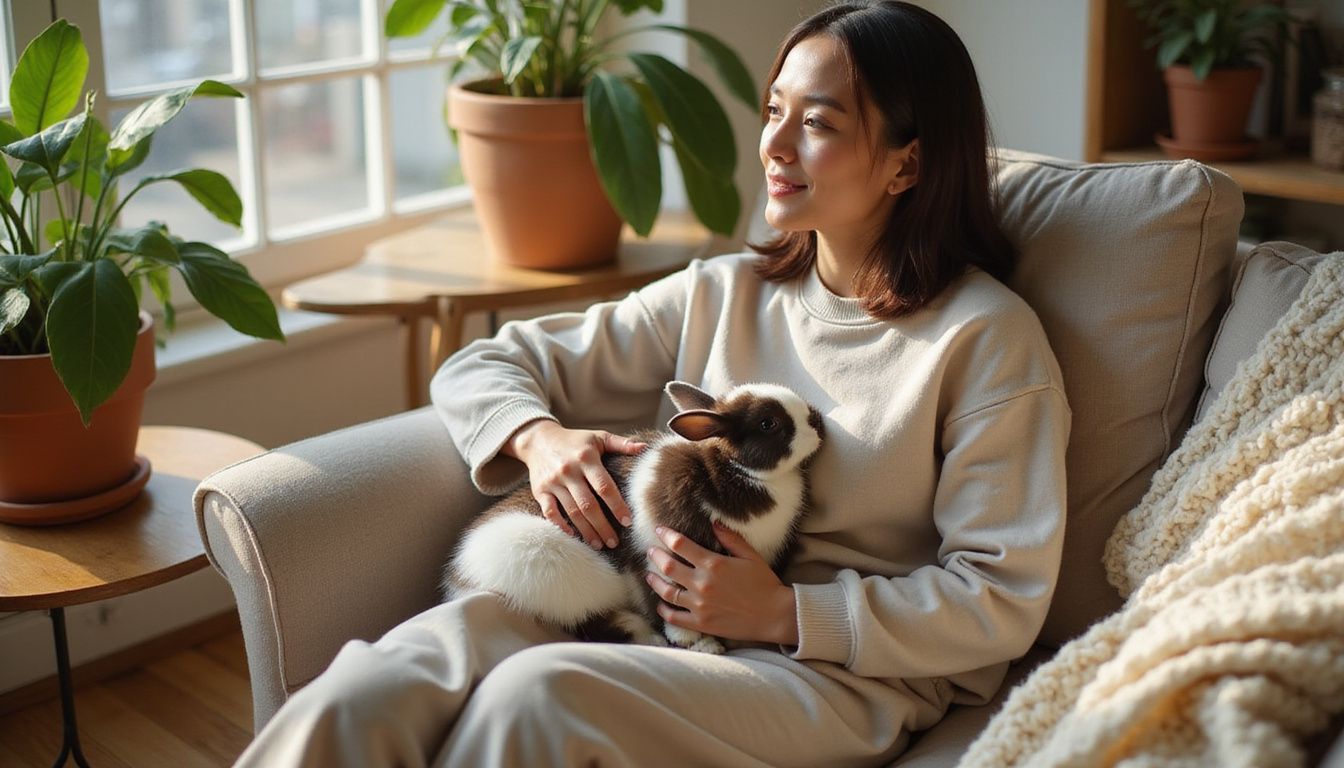 A woman relaxes with a Dutch rabbit on a cozy couch. A woman relaxes with a Dutch rabbit on a cozy couch.