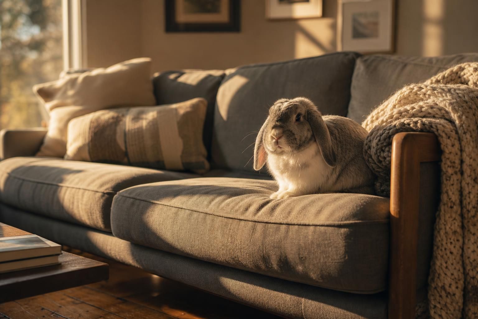 A relaxed lop-eared rabbit lounges on a cozy sectional couch.